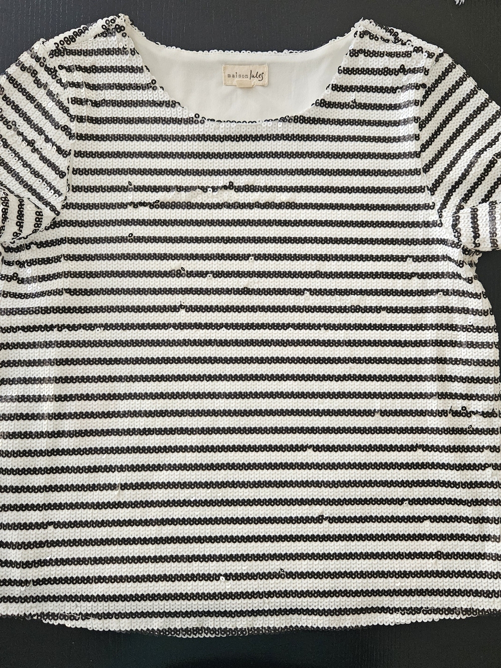 Maison Jules Black and White Striped Sequin Short Sleeve Tee